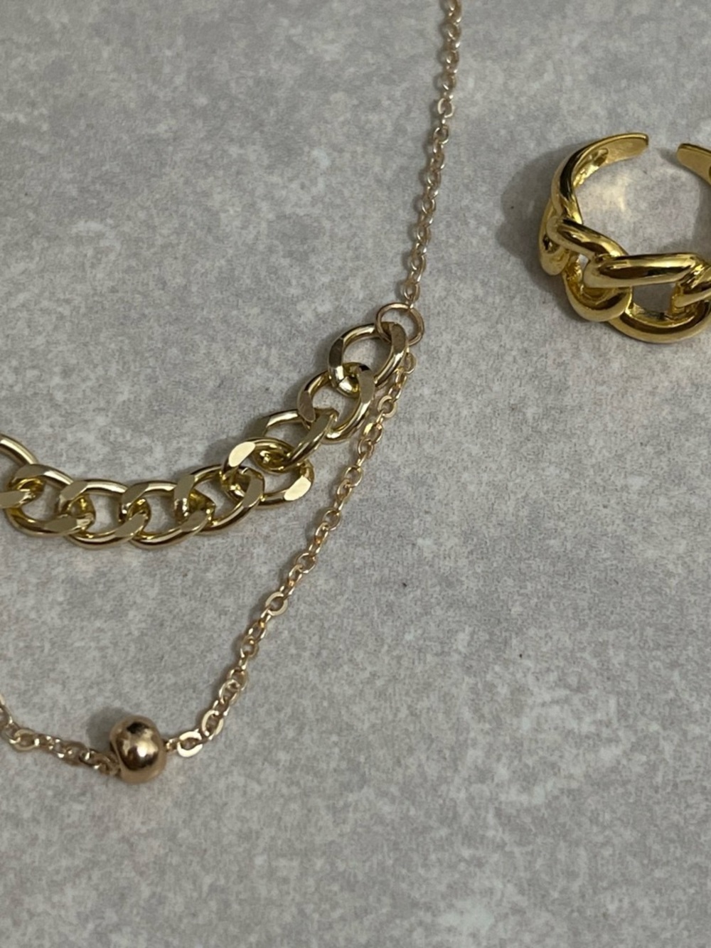 Gold Layered Chain Necklace and Chunky Ring Set